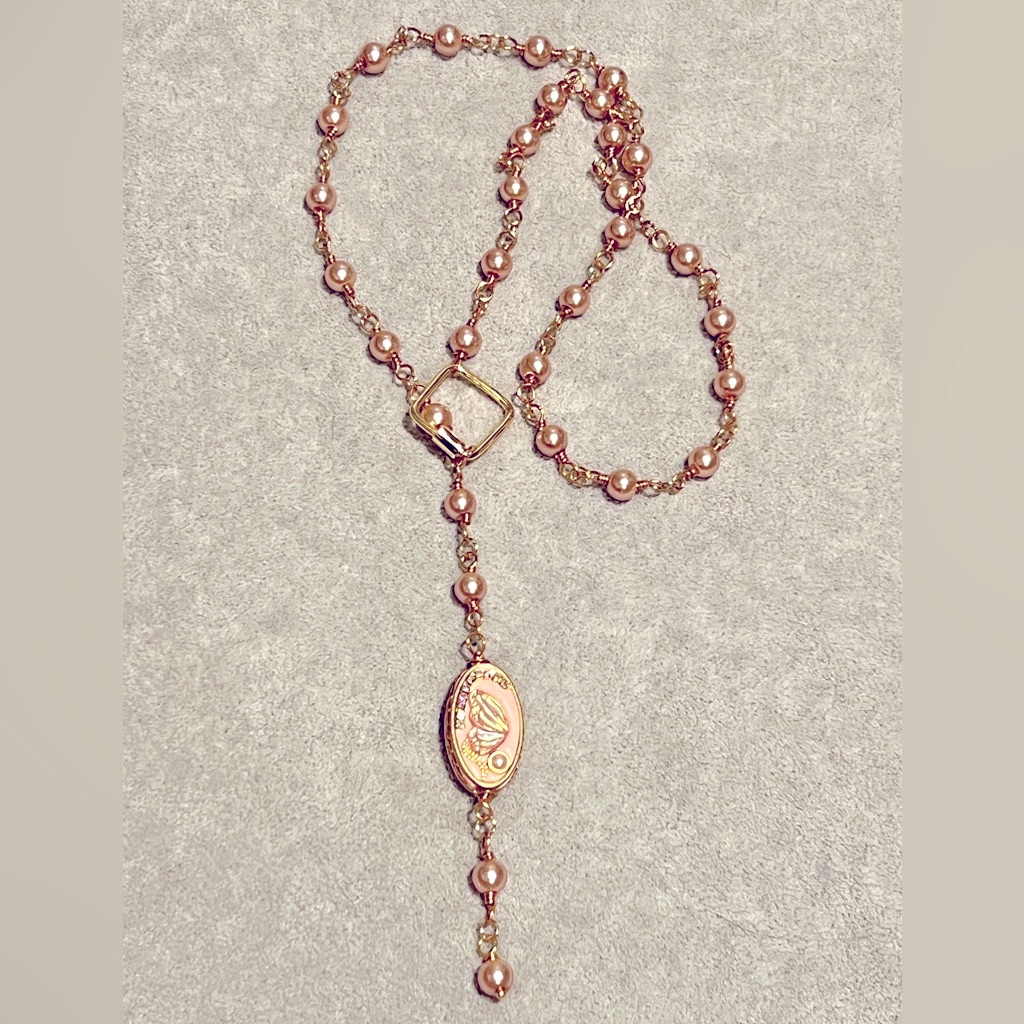 Wire Wrapped Pearl & Pink Butterfly Pearl Polymer Centerpiece Bead Necklace